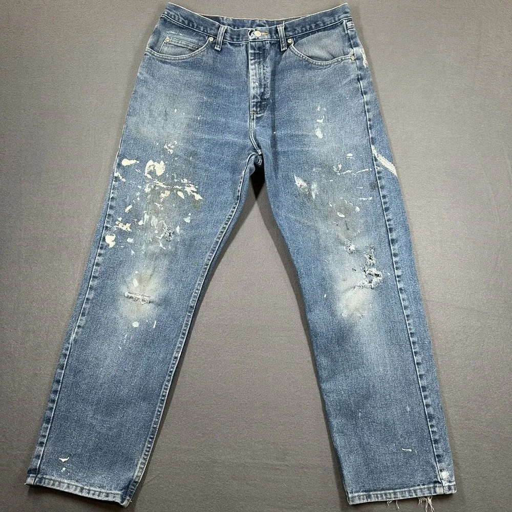 Wrangler Jeans Mens 35x32 Blue Denim Straight‎ Leg Relaxed Fit Distressed Retro